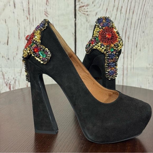 JEFFREY CAMPBELL EVA CROSS black suede platform pumps with sequins & Beads 6.5 - Picture 3 of 17